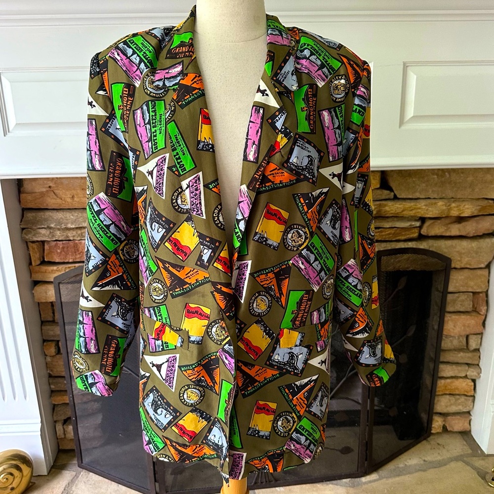 Vintage Carol Horn Multicolor Travel Theme Oversized Silk Blazer size 8